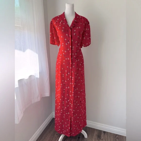 Liz Claiborne | Dresses | Vintage 9s Liz Claiborne Red Floral Print Button  Front Belted Maxi Dress